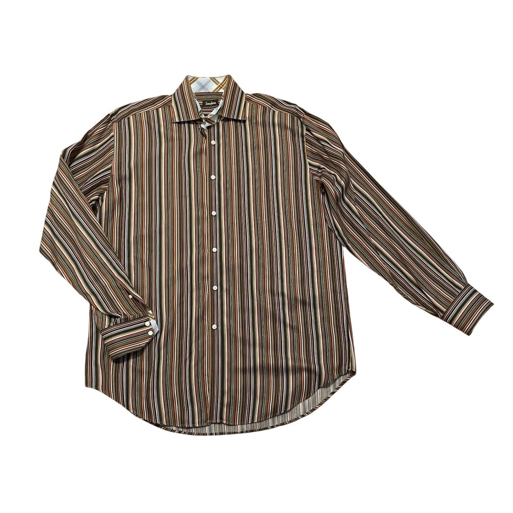 Neiman‎ Marcus Button Down Shirt Brown Orange Striped Long Sleeve Large
